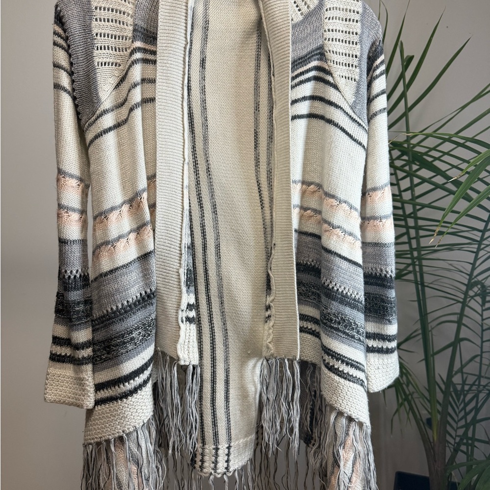 Striped Fringe Open-Front Sweater